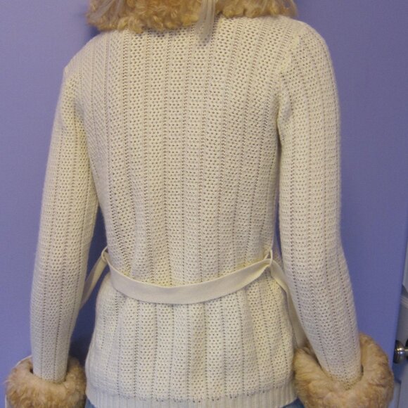 Vintage 70s ELAN FAUX FUR COLLAR CUFFS Knit WRAP SWEATER COAT - Picture 3 of 10